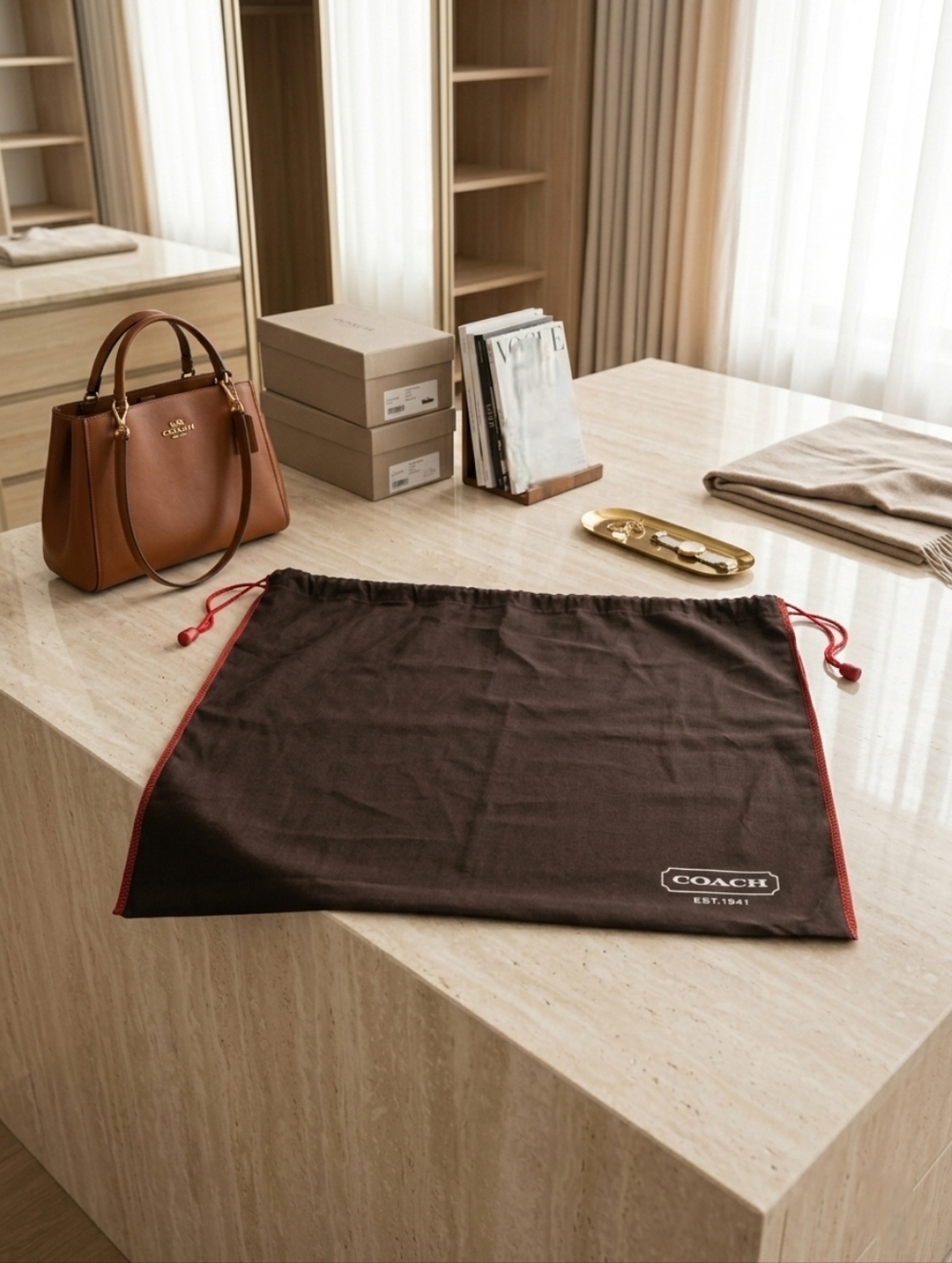 COACH Dust Bag Brown with Red Trim